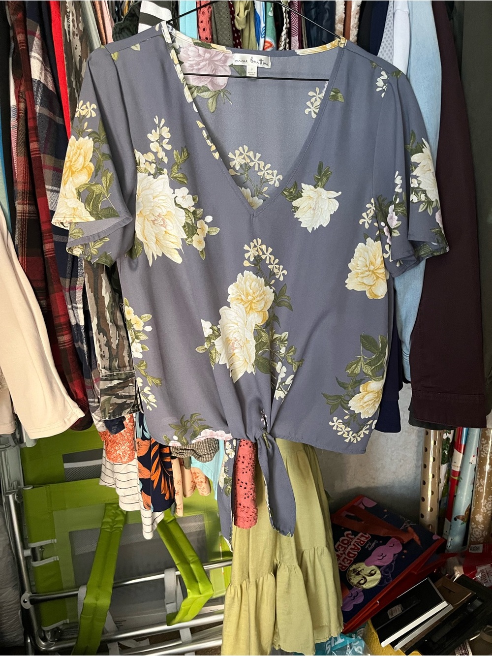 nine britton Gray V-Neck Tie-Front Blouse with Yellow Floral Print